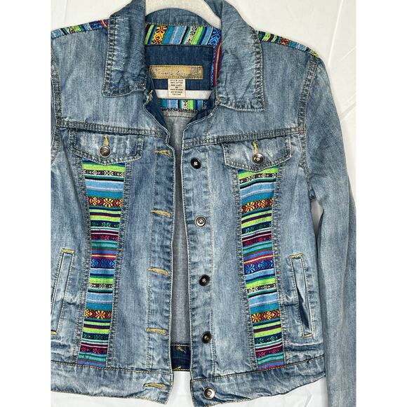 Women’s Angel Kiss Vintage Med Wash Denim Jacket with Patchwork, Sz M - Picture 2 of 9